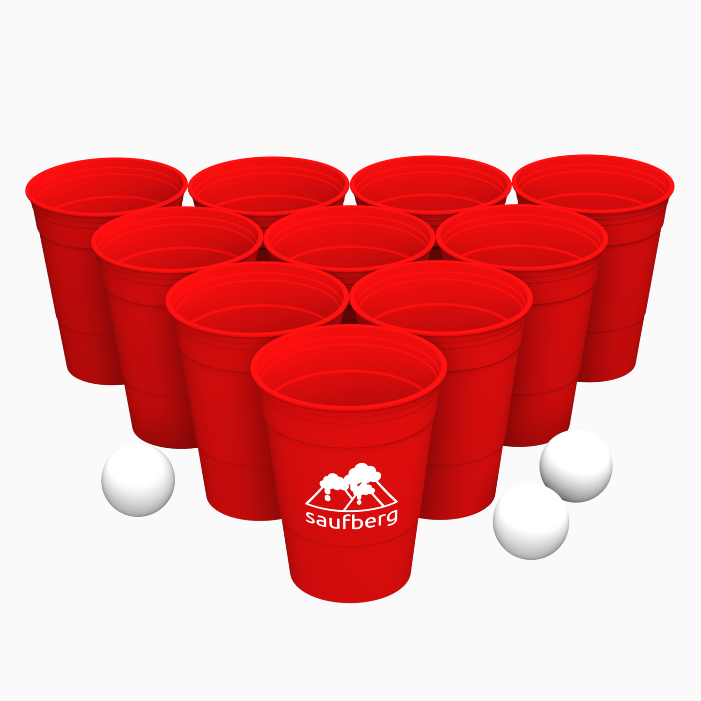 Bierpong-Set mit roten Mehrweg-Bechern als Pyramide aufgebaut. Rot, schwarz und weiße Beerpong-Bälle mit saufberg Logo Aufdruck liegen spielbereit daneben.