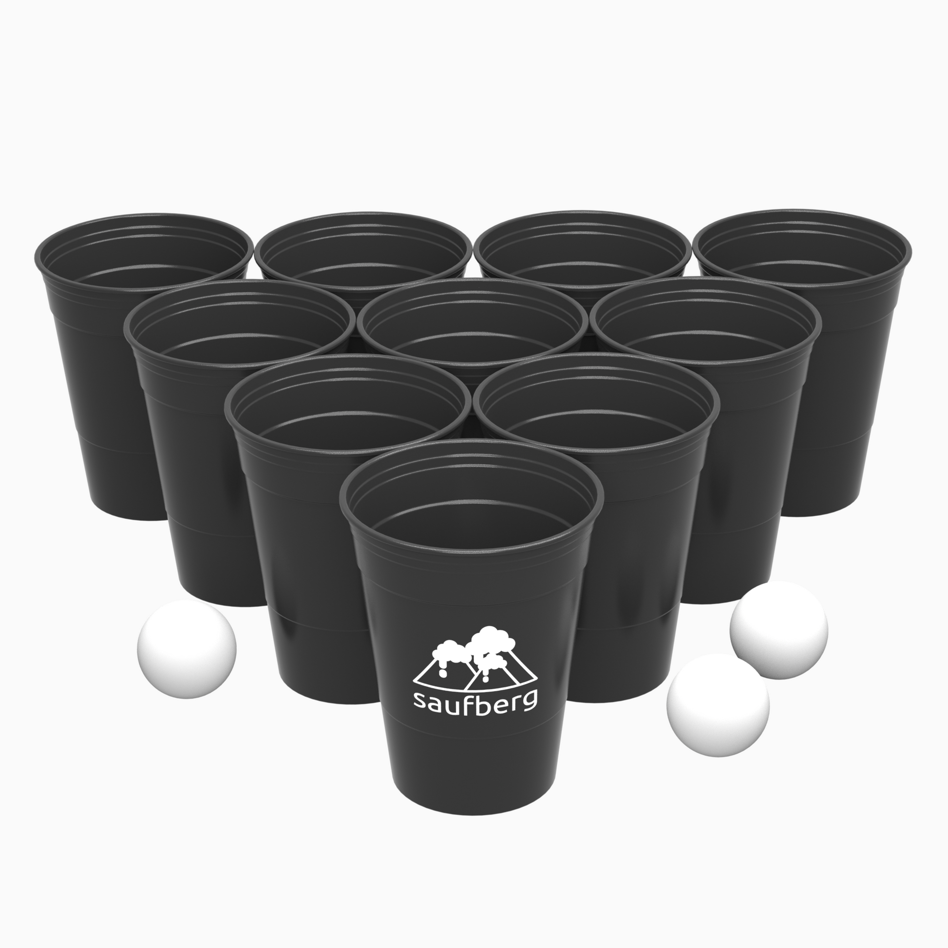 Bierpong-Set mit schwarzen Mehrweg-Bechern als Pyramide aufgebaut. Rot, schwarz und weiße Beerpong-Bälle mit saufberg Logo Aufdruck liegen spielbereit daneben.