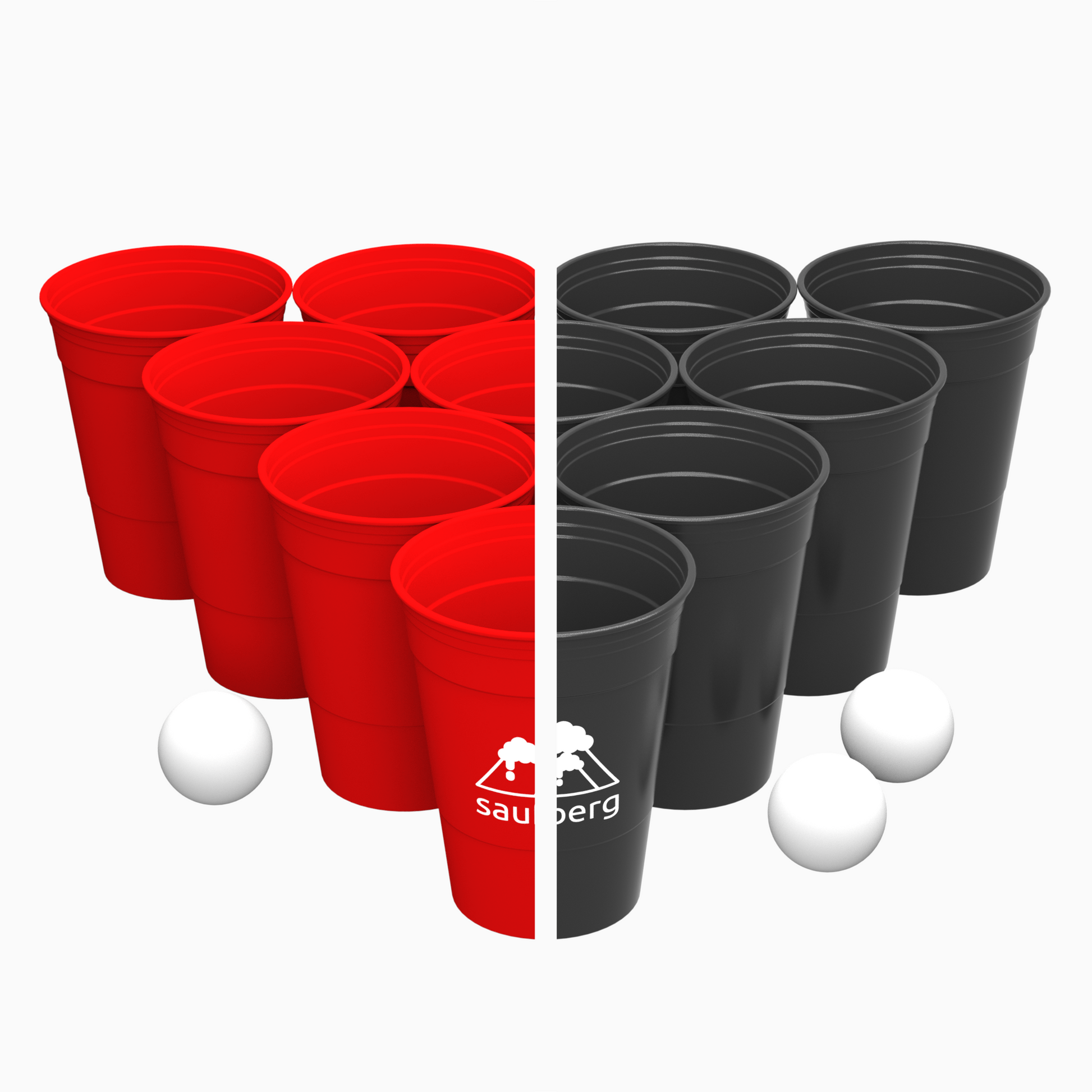 Bierpong-Set mit 12 schwarzen und 12 roten Mehrweg-Beerpong-Bechern aus Hartplastik und 3 Tischtennisbällen! Nachhaltig, Spülmaschinenfest und preiswert für jede Party.