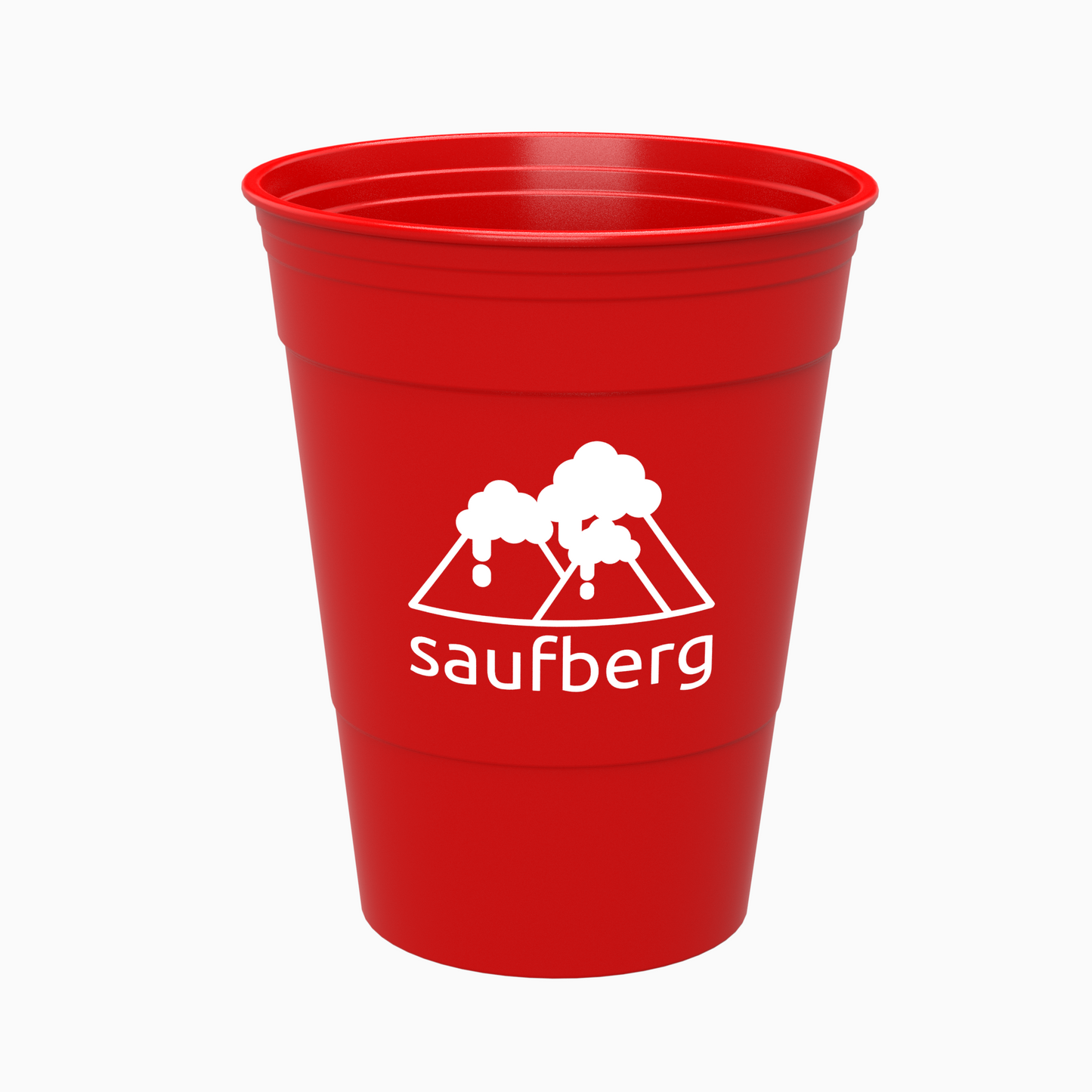 Roter nachhaltiger Bierpong Becher mit weißem saufberg Logo Aufdruck. Ein Red Cup, wie man ihn aus College-Filmen kennt.