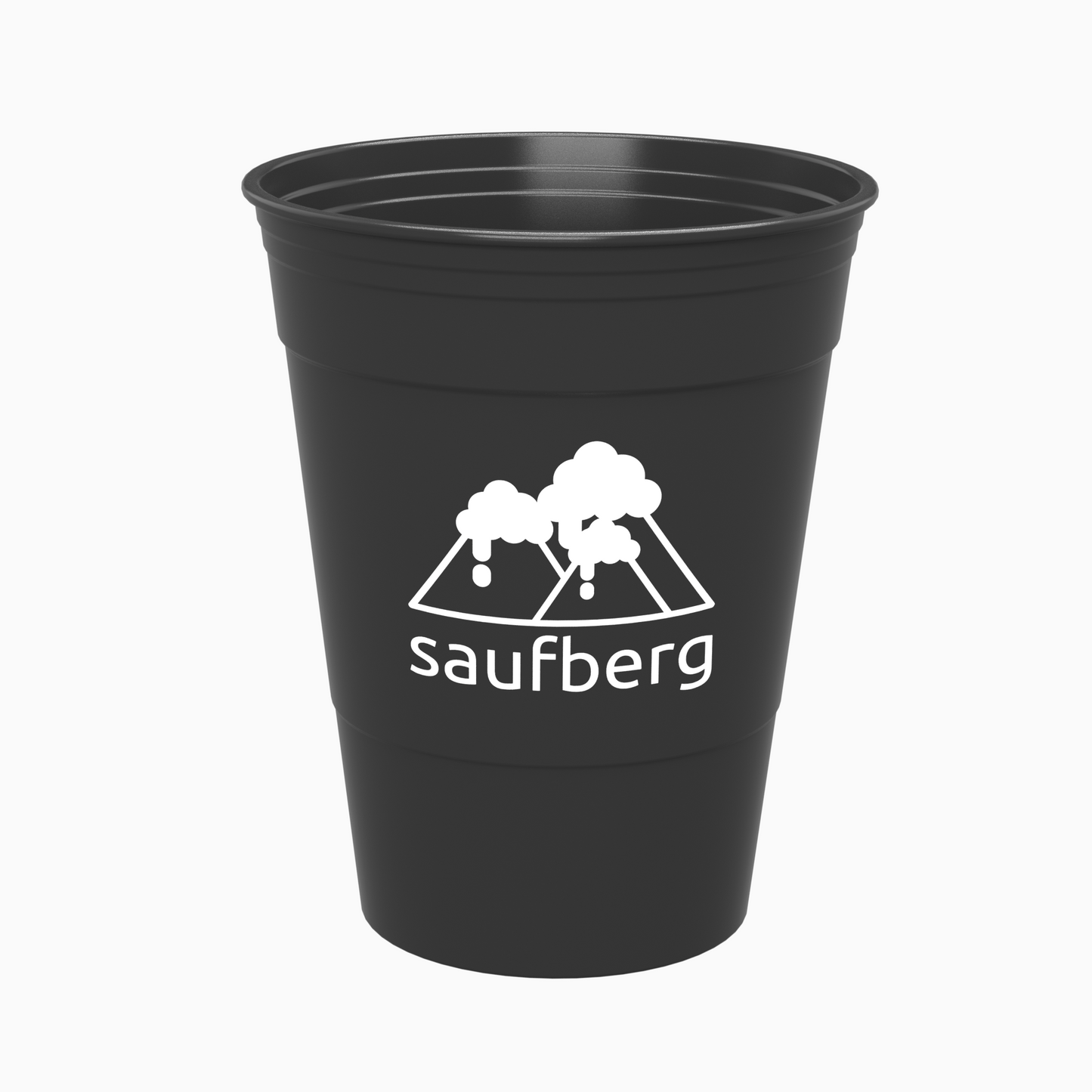 Schwarzer nachhaltiger Bierpong Becher mit weißem saufberg Logo Aufdruck. Ein Red Cup, wie man ihn aus College-Filmen kennt.